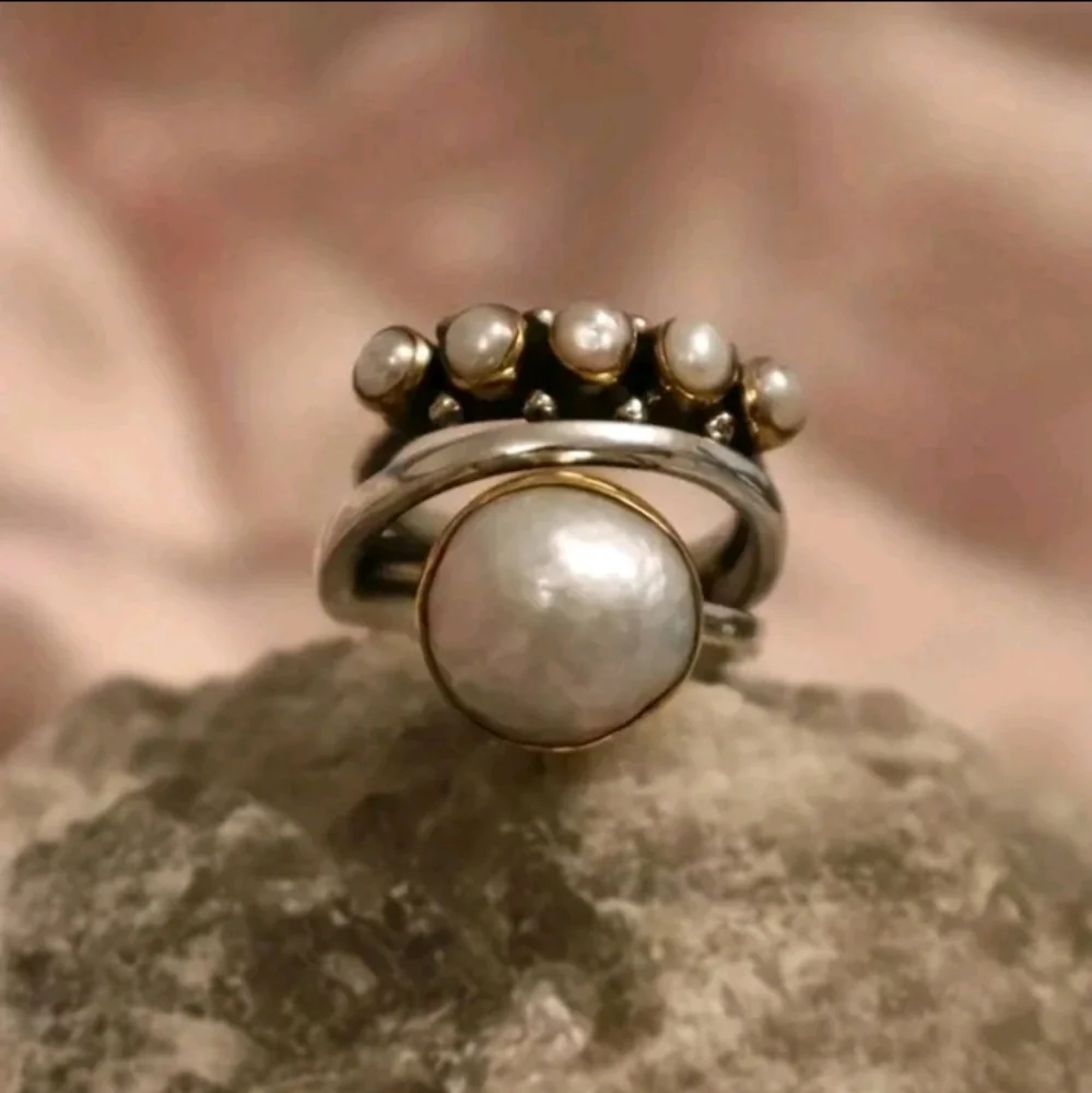 NEW! Silver Plated Pearl Bohemian Vintage Style Women's Ring